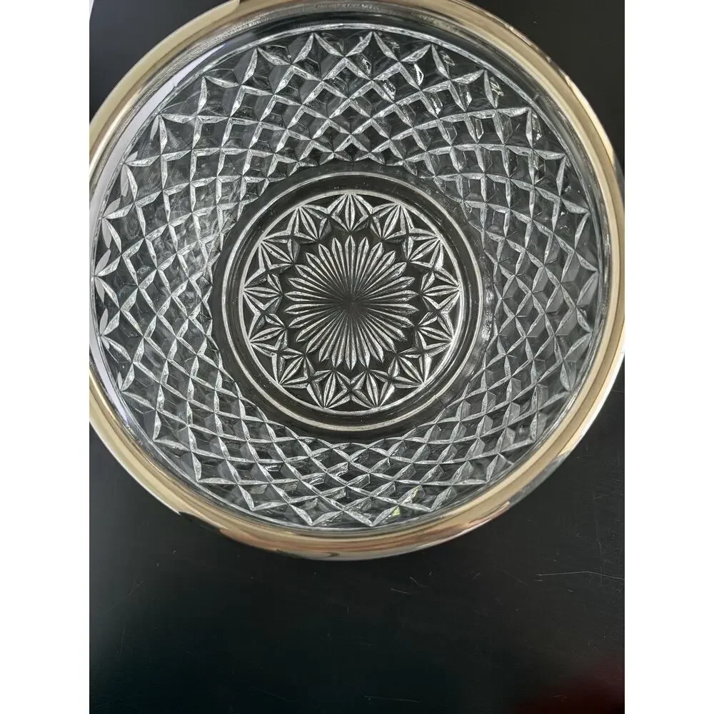 Vintage Raimond Crystal Silver Plated Rim Cut Glass Bowl 8 Inch Round Starburst